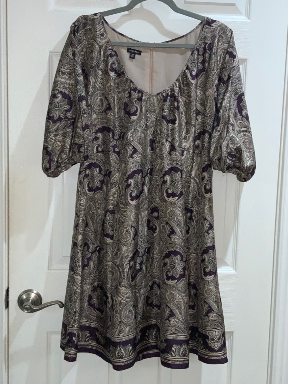 Nine West Dress Purple Cream 100% Silk paisley midi dress 12 lined 3/4 Sleeve